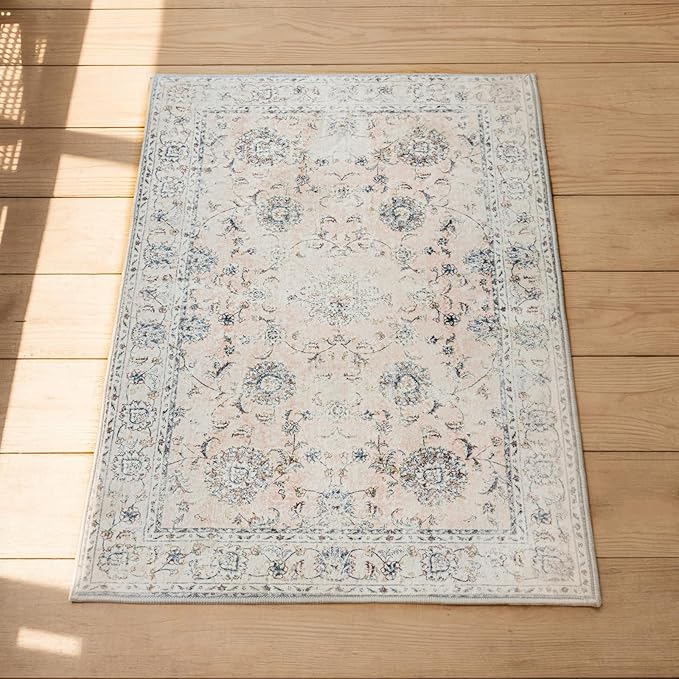 3'x5' Vintage Floral Rug - Persian Inspired Low-Pile Faux Wool Area Rug, Non-Slip Washable Small Rug for Bedroom, Nursery, Dorm, Soft Pink Boho Chic Decor-CasaMuseHome