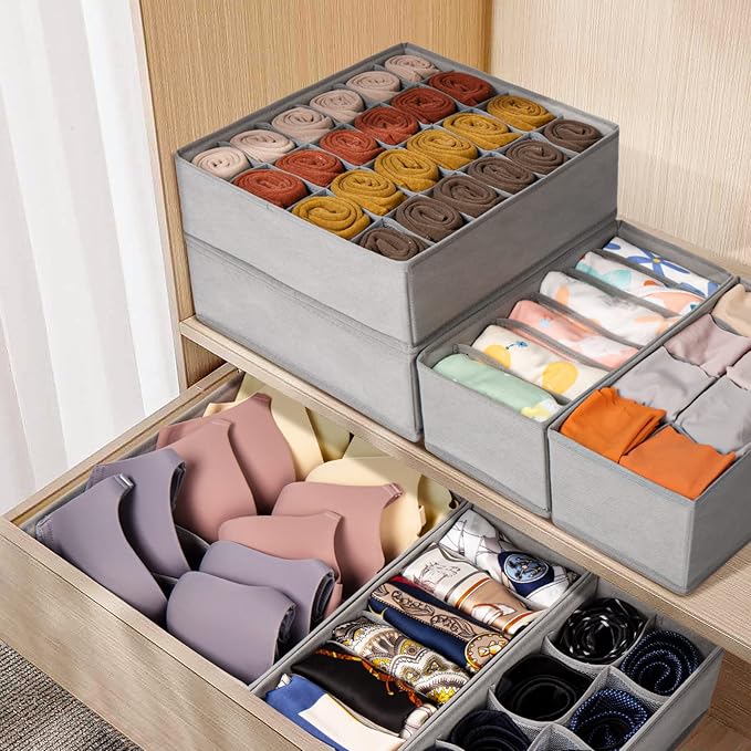 12 Pack Sock Underwear Drawer Organizer Dividers, 116 Cells Fabric Foldable Dresser Closet Organizers and Storage Bins for Baby Clothing, Women Men Underwear Socks, Bra, Ties, Scarf-CasaMuseHome