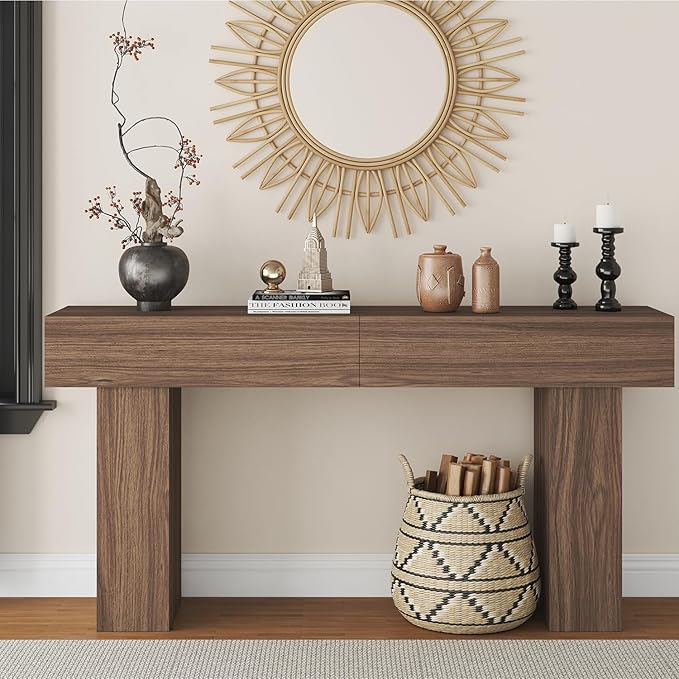 63 Inch Long Console Table for Entryway, Farmhouse Wood Rectangular Sofa Table Behind Couch Table, Narrow Entryway Table for Living Room, Entrance, Hallway, Foyer, Easy Assembly (Brown)-CasaMuseHome
