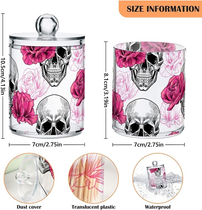 2 Pack Qtip Holder Dispenser Skull Rose Flower Bathroom Storage Canister Lid Acrylic Plastic Apothecary Jar Set Vanity Makeup Organizer for Cotton Swab/Ball/Round Pads, Floss-CasaMuseHome