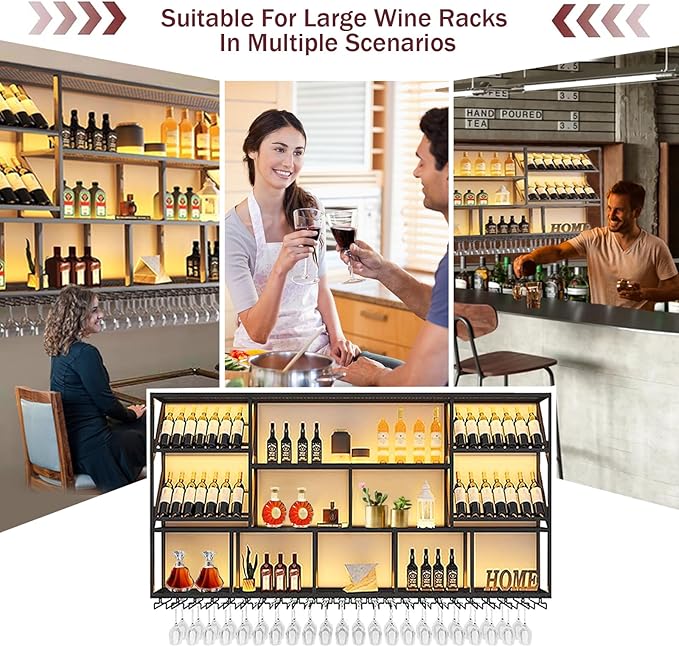 70.8Inch Wall Mounted Wine Rack, 3 Tiers Large Bar Shelves with 18 Glass Holder, Metal Wine Bottle Display Shelf, Modern Iron Liquor Shelf, for Kitchen Dining, Home Bar, Cellar (70.8" W)-CasaMuseHome