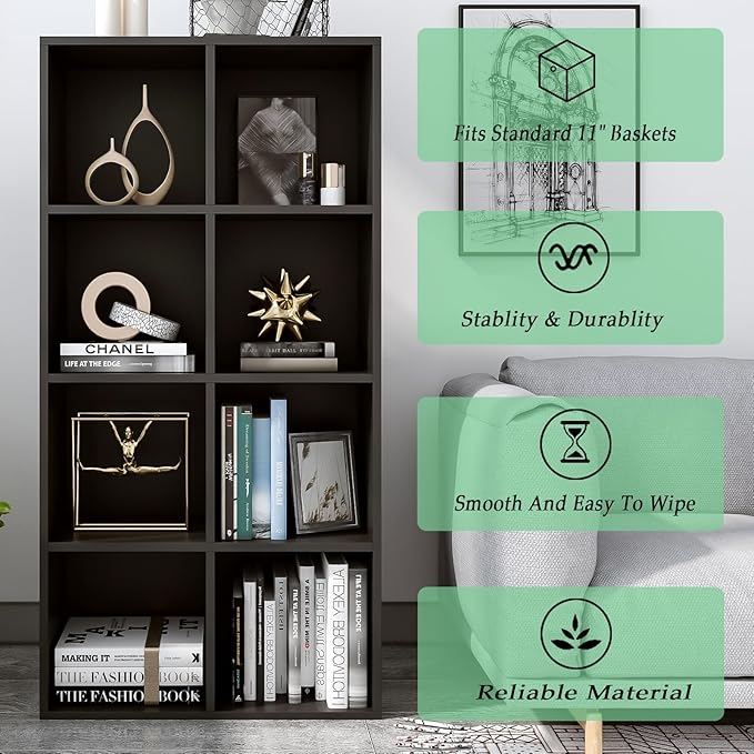 8-Cube Storage Shelf Bookcase - Wooden 4-Tier Floor Standing Open Bookshelf, Modern TV Stand up to 55 Inchs for Home and Office, Black-CasaMuseHome