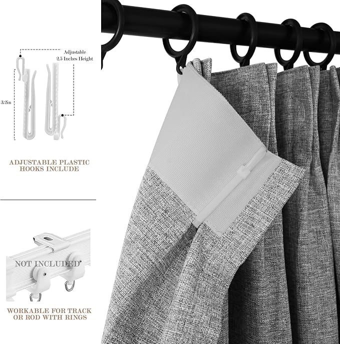 100" W x 84" L Faux Linen Room Divider Curtains, Full Blackout Pinch Pleated Drapes for Traverse Rod, Bedroom Divider Privacy Drapery with Hooks for Ceiling Track, 1 Panel, Light Grey-CasaMuseHome