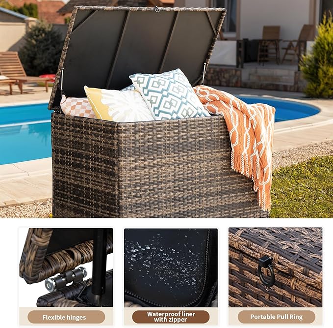 178 Gallon Outdoor Storage Box, Handle Large Portable Wicker Rattan Deck Box for Patio Furniture Cushions, Patio Deck Box with 2 WheelsThrow Pillows, Garden Tools and Pool Floats (Brown)-CasaMuseHome