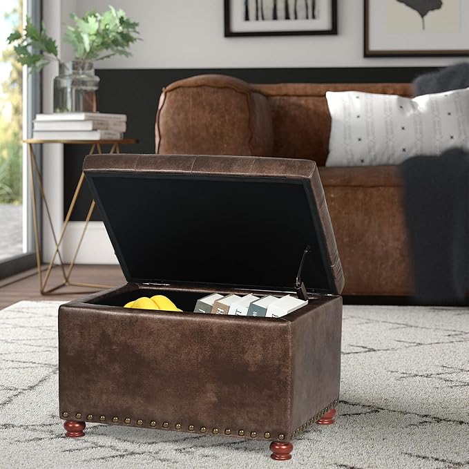24'' Leather Ottoman with Storage Rectangle Foot Rest Ottomans Stool for Living Room(Brown,Leather Texture)-CasaMuseHome
