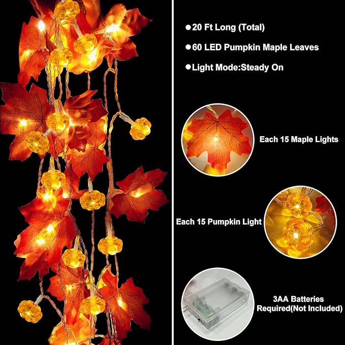 2 Pack & Timer - Fall Garland with Pumpkin Lights Halloween Fall Decor for Home 60LED 20Ft Enlarged Maples Leaves Halloween Garland Lights Indoor Battery Operated Thanksgiving Decor Wedding Christmas-CasaMuseHome