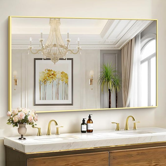 40x60inch Gold Bathroom Mirror, Gold Rectangle Mirror with Frame, Large Rectangular Wall Mirrors for Bathroom, Living Room, Hair Salon, Big Farmhouse Mirror Hang Horizontal/Vertical-CasaMuseHome