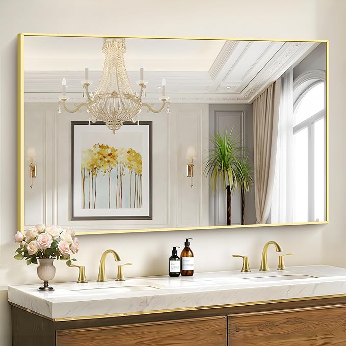 36x55inch Bathroom Mirror, Gold Rectangle Mirror with Thin Metal Frame, Large Rectangular Wall Mirror for Bathroom, Living Room, Hair Salon, Big Farmhouse Mirror Hang Horizontal/Vertical-CasaMuseHome