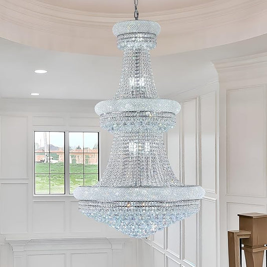 31 - Light Large Empire Crystal Chandelier for High Ceiling Foyer Entryway Staircase Living Room Dining Room Chrome Finish-CasaMuseHome