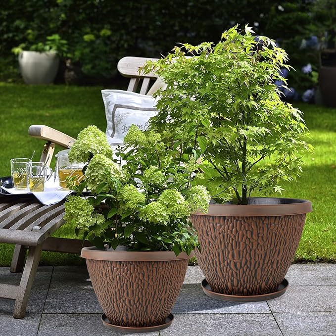 16 Inch Large Outdoor Plant Pot, 4 Pack Thickened Flower Pots with Drainage Holes & Saucer, Pebbles Pattern Design Tree Planters Outdoor for Garden Porch Home-CasaMuseHome
