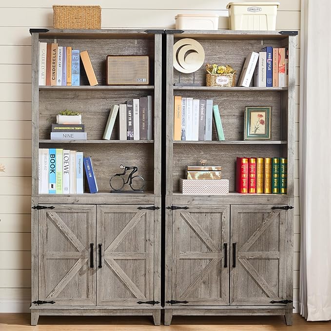 70in Tall Bookshelf 5 Tier Bookcase with Barn Doors and Adjustable Shelves, Grey Farmhouse Book Shelf with Storage Cabinet, Wood Freestanding Display Bookshelves for Bedroom, Kitchen (2PCS)-CasaMuseHome