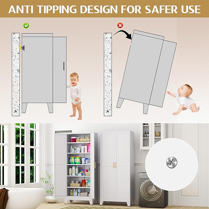 75.2" Tall Pantry Cabinet, Kitchen Pantry Storage Cabinets with 2 Door and 5 Adjustable Shelves, White Metal Pantry Storage Cabinet, Cupboard for Kitchen, Dining Room, Living Room and Bathroom-CasaMuseHome