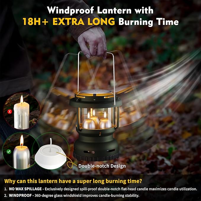 3-Wick Emergency Candle Lantern for Power Outages [18H+ Burning Time] Vintage Decorative Candle Lantern for Real Candles, Outdoor Portable Camping Survival Lighting [7.1"*5.7" - Forest Green]-CasaMuseHome