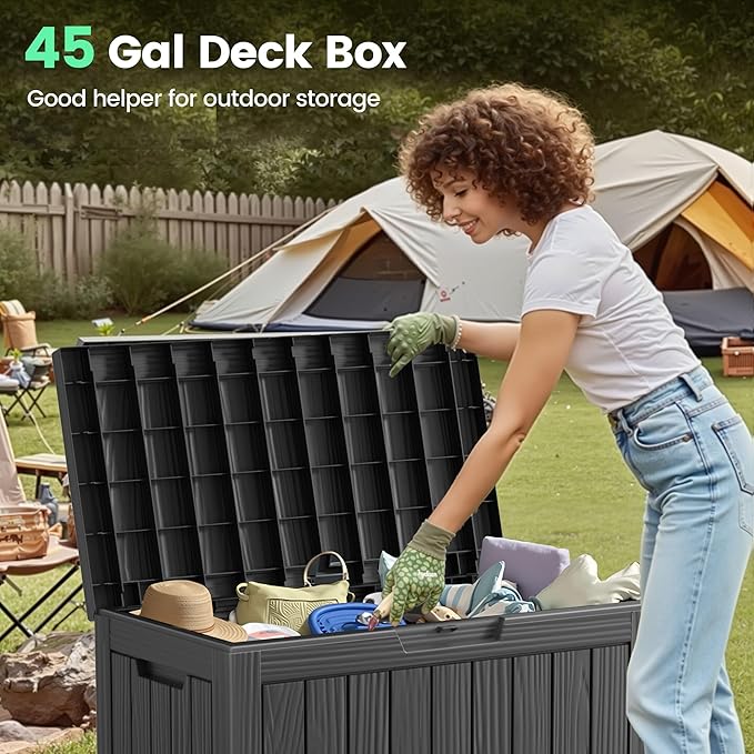 45 Outdoor Storage Box, Waterproof Resin Deck Box with Side Handles, Lockable Outdoor Bench for Indoor & Outdoor Use, Storage Bin for Patio Cushions, Garden Tools, Package Delivery, Black-CasaMuseHome