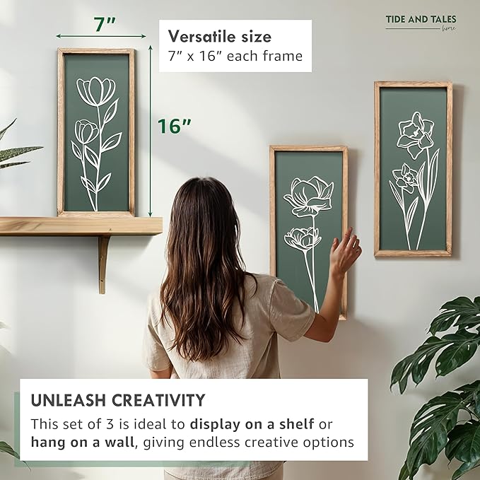 3D Floral Green Wall Art (Set of 3) Lightweight, Wooden Ready-to-Hang Boho Framed Wall Art for Bathroom, Master Bedroom, Living Room or Office - Premium Sage Green Farmhouse Decor - Gift-Boxed-CasaMuseHome
