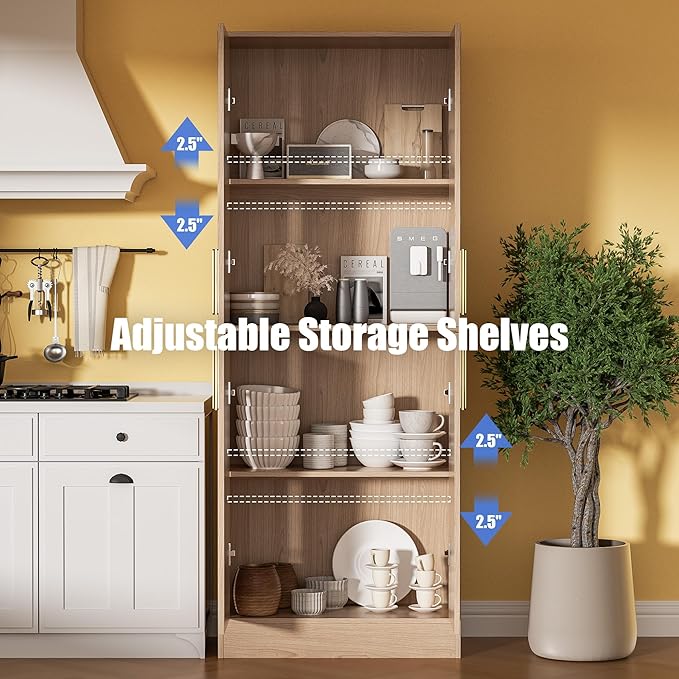 71" Tall Pantry Cabinet with 4 Doors, Kitchen Pantry Storage Cabinet, Freestanding Larder Cupboard, Utility Kitchen Hutch with Gold Handles for Dining Room, Bathroom, Oak-CasaMuseHome