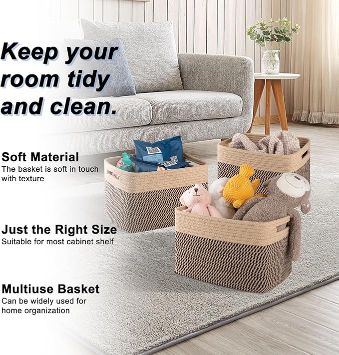 4 Pack Storage Baskets for Organizing, Woven Baskets for Shelves - Perfect for Toys, Books, Towels, and Clothes, Durable Gift Basket Bins Toy Storage, 13''L x9''W x7.8''H, Black and Brown-CasaMuseHome