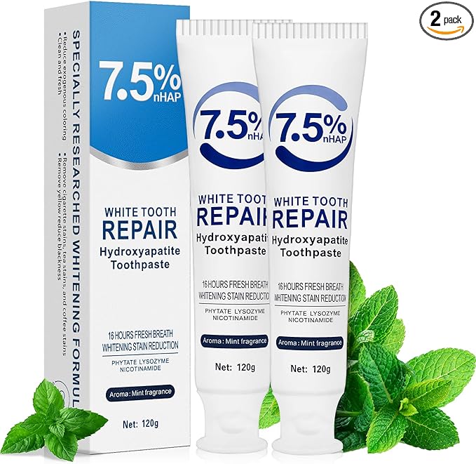 7.5% Nano Hydroxyapatite Toothpaste 2Packs (Fluoride-Free), Helps Remineralize, Protects Enamel, Strengthens Tooth, Dentist-Recommended for Sensitive Teeth & Kids, Refresh Mint Whitening Toothpaste-CasaMuseHome