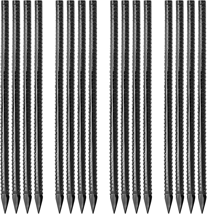 16 inches Ground Rebar Stakes (16 pcs) Heavy Duty Metal Spikes for Concrete Timber Garden Plant, Long Straight Steel Stakes for Tent, 3/8" Thickness Ground Anchors with Chisel Point End, Black-CasaMuseHome