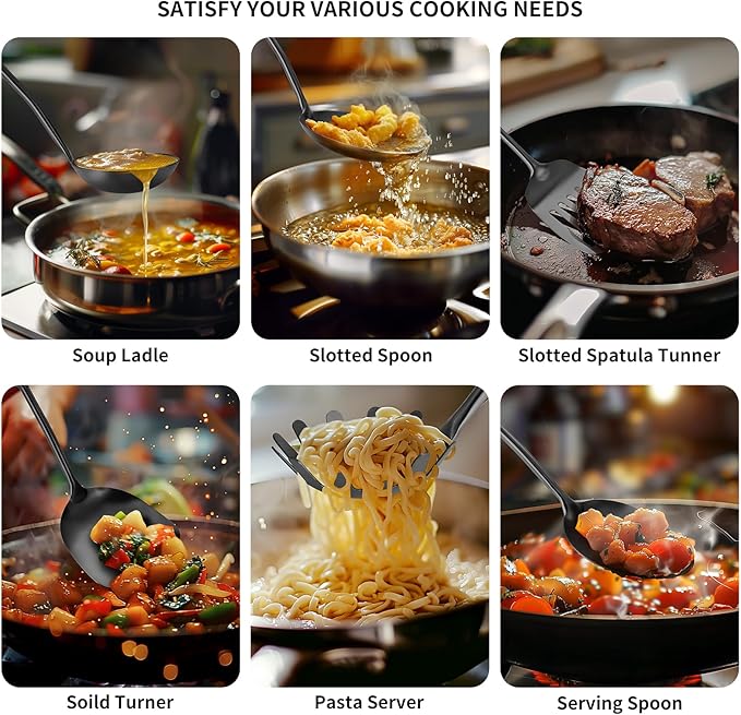 304 Stainless Steel Cooking Utensils,6 Pcs Kitchen Cooking Utensils Set with Spatula, Solid Spoon, Ladle, Skimmer, Spaghetti Spoon,Dishwasher Safe(Black)-CasaMuseHome