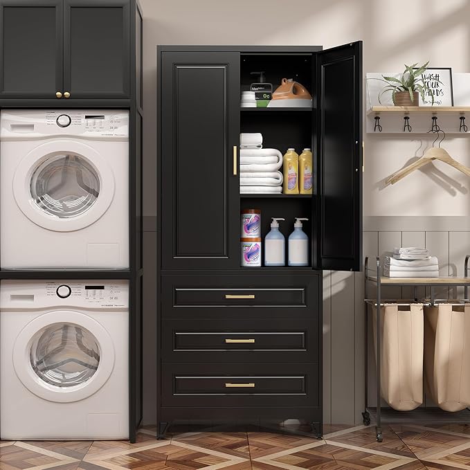 75" Kitchen Pantry Cabinet with 3 Drawers,Metal Storage Cabinets with Doors and 4 Adjustable Shelves,Black Kitchen Cabinet with 2 Gold Handles,Food Cupboard for Livingroom, Bathroom,Pantry-CasaMuseHome