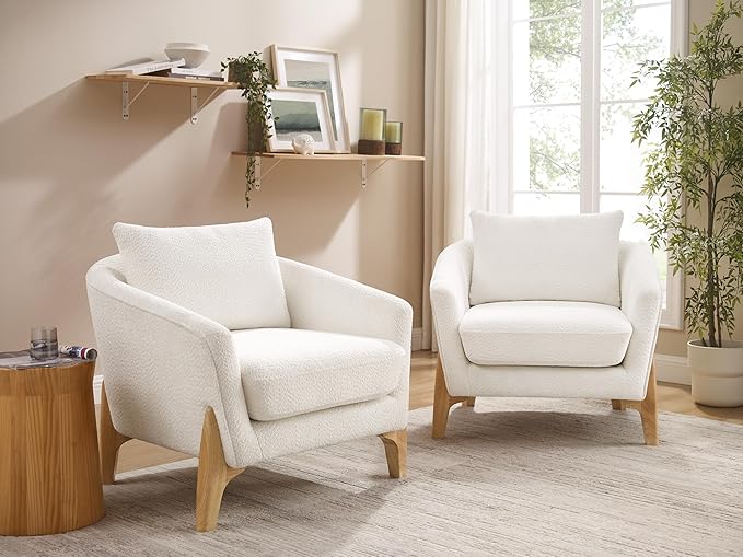 Accent Chair 31" Oversized Reading Chair Comfy Upholstered Boucle Lounge Armchair, Modern Living Room Chair with Back Pillow,Single Sofa Chair for Bedroom, Office (Beige)-CasaMuseHome