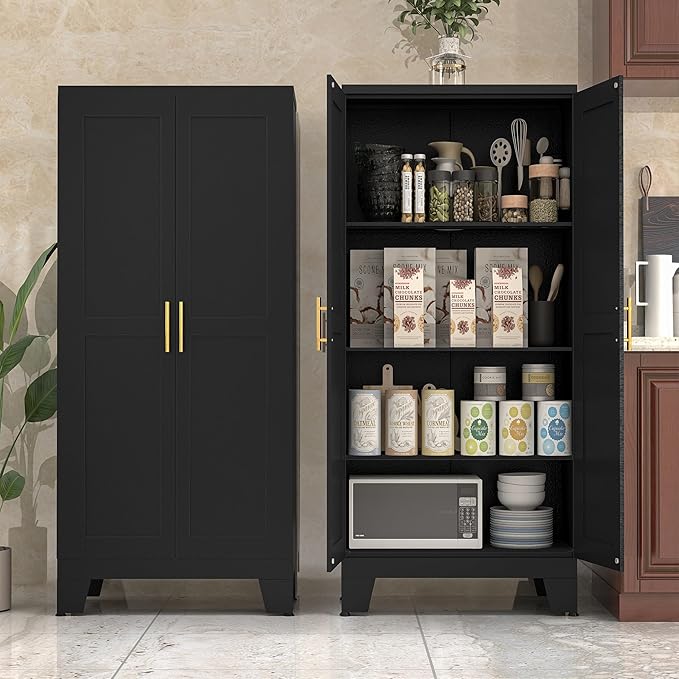 61" Balck Metal Kitchen Storage Cabinet, Kitchen Pantry Storage Cabinet with Doors and Shelves, Storage Cabinet with Adjustable Leveling Foot for Kitchen, Living Room and Dining Room-CasaMuseHome