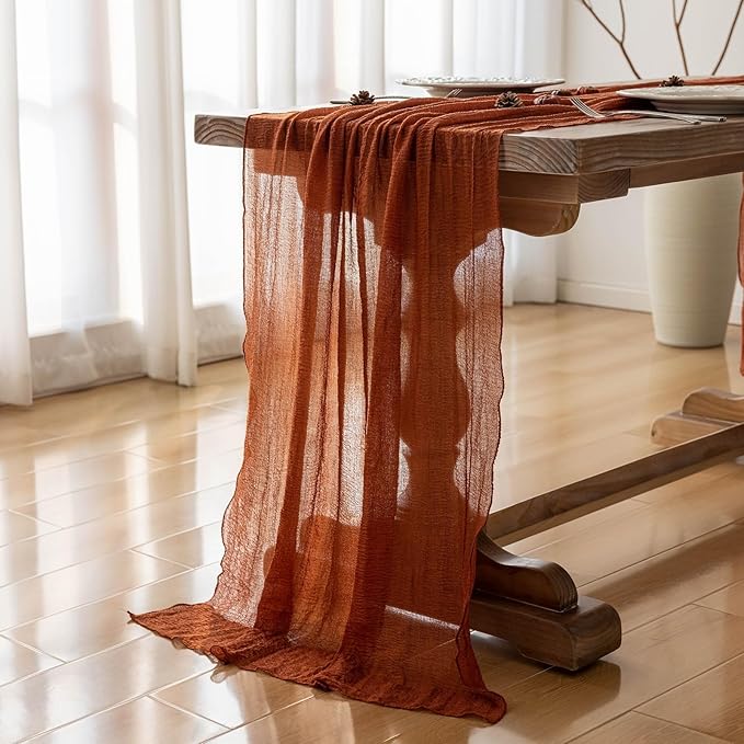 3pcs Fall Terracotta Table Runner Rust Gauze Rustic Cheesecloth 120 Inch 10 FT for Wedding Baby Shower Bridal Shower Birthday Engagement Garden Party Sheer Boho Thanksgiving Decorations-CasaMuseHome