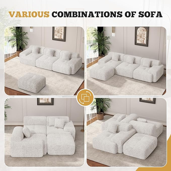 122" Modern L Shaped Modular Sectional Sofa, Boneless Couches for Living Room with Ottoman,4 Seater Convertible Chenille Cloud Couch Sofa Set, No Assembly Required, Beige 1 PCS-CasaMuseHome