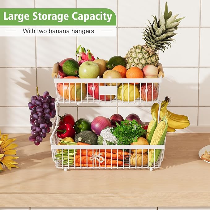 2 Tier Fruit Basket for Kitchen Counter with 2 Banana Hangers, Countertop Metal Fruit Bowl with Wooden Handle, Large Storage Stand for Vegetables, Snacks, Breads, Produce Storage – White-CasaMuseHome