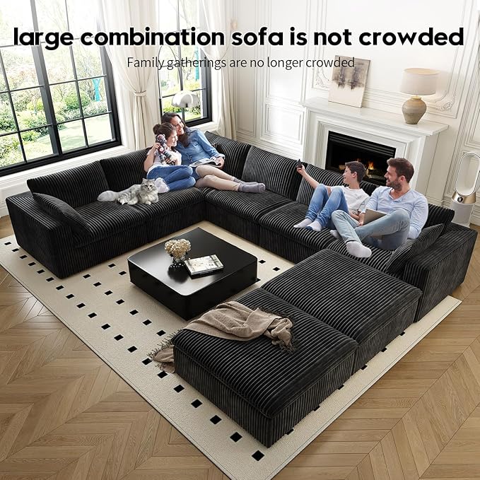 157.5" Cloud Couch Oversized Modular Sectional Sofa for Living Room,Modern Sofa with Deep Seat，8 Seater Boneless Couch with 2 Ottoman,Comfy Upholstered Couches for Apartment, Studio, Office,Black-CasaMuseHome