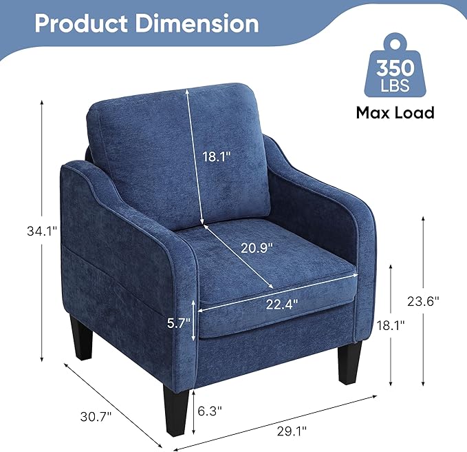 Accent Chairs Set of 2, Upholstered Living Room Chairs with Side Pockets, Mid Century Modern Reading Chair for Bedroom, Comfy Armchair Single Sofa Side Chair for Office, Small Room, Blue-CasaMuseHome