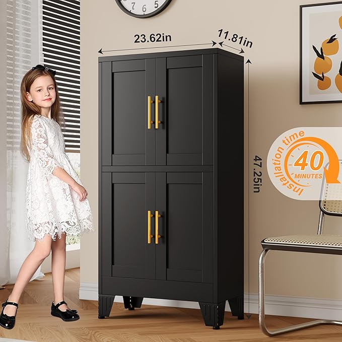 47.25" Metal Storage Cabinet, Black Kitchen Food Storage with 4 Door and 2 Adjustable Shelves, Freestanding Bathroom Cabinet, Pantry for Kitchen Dinning Room, Cupboard-CasaMuseHome