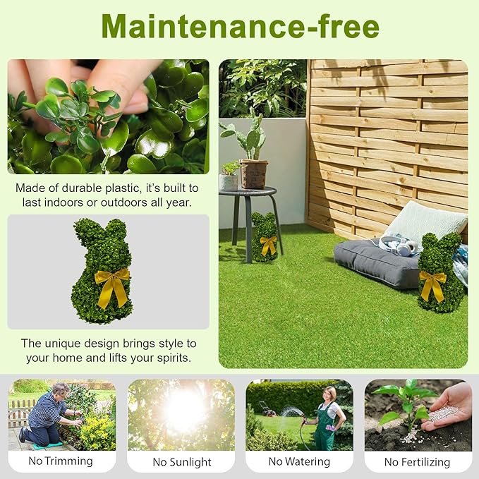 2 Pcs Artificial Bunny Shaped Topiary Trees, Artificial Green Boxwood Bunny Decorations with Gold Bow, Perfect for Indoor & Outdoor Front Porch, Easter& Garden Decor (Bunny Tree Without Base)-CasaMuseHome