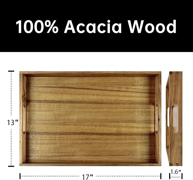 Acacia Wood Serving Tray with Handles - 17-Inch Decorative Wooden Tray - Perfect for Breakfast, Lunch, Dinner, Appetizers, Patio, Ottoman, Coffee Table - Durable Living Room and Couch Tray-CasaMuseHome