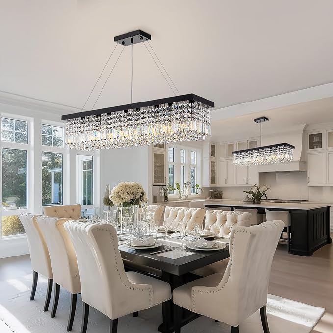 8 Light Modern Crystal Chandelier for Dining Room,Rectangular Rectangle Raindrop Crystal Light Fixture,Height Adjustable for Kitchen Island L40''xW10''xH10''-CasaMuseHome