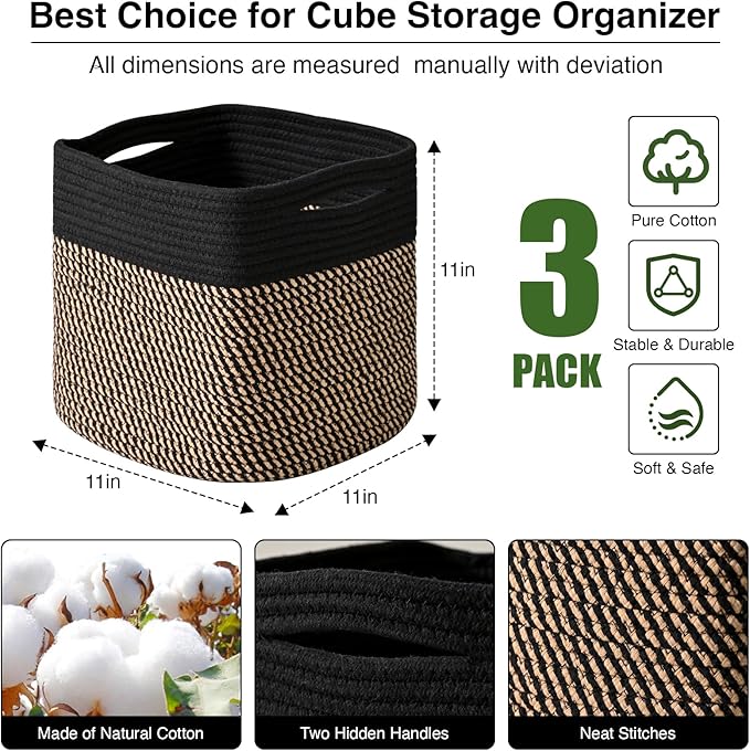 11 Inch Cube Storage Bins, Storage Cube Organizer Bins, Woven Cotton Rope Baskets for Storage, Storage Basket for Organizing Shelves, Square Baskets for Toys Nursery, Black & Jute (Pack of 3)-CasaMuseHome