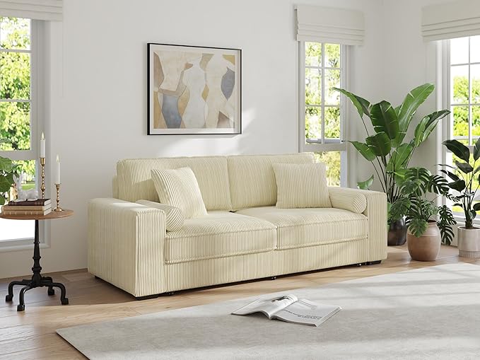 91-Inch Corduroy Pull Out Couch with Storage, Convertible Queen Sleeper Sofa with Pull Out Bed, Hide a Bed Couches for Bedroom, Guest Room, Apartment, Small Places, RV (Beige)-CasaMuseHome
