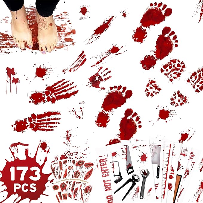 173PCS Halloween Bloody Footprints Floor Clings Plus Tattoos - Hallowmas Handprint Zombie Restroom Sign Decals Party Decorations-CasaMuseHome