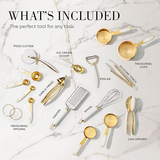 Styled Settings White and Gold Kitchen Utensils Set – 16-Piece Silicone Cooking Utensils with Measuring Cups and Spoons-CasaMuseHome