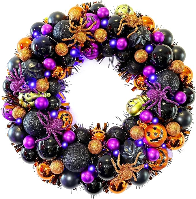 17 Inch Halloween Ball Wreath for Front Door with Lights, Lighted Cute Treat-or-Trick Door Wreath Ball Ornament for Halloween Indoor Decorations Centerpiece Party Holiday Wall Home Decor-CasaMuseHome