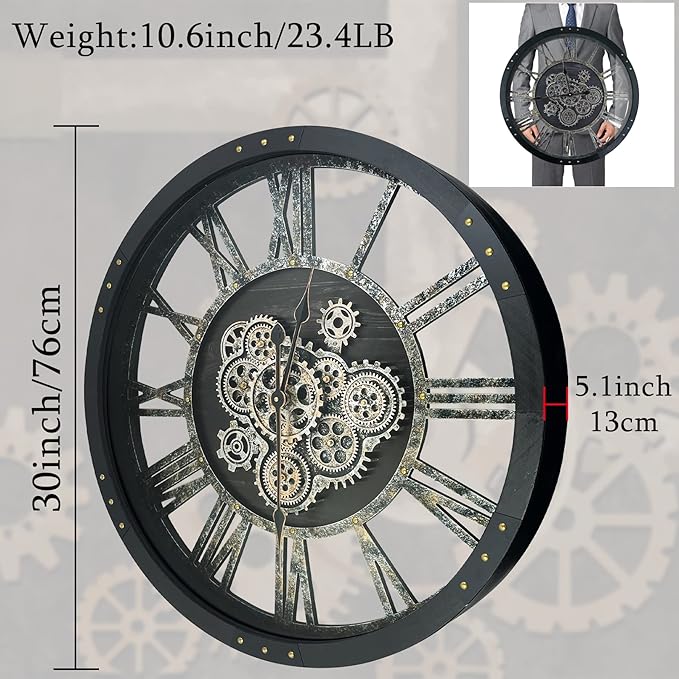 30 Inch Industrial Steampunk Wall Clock, Oversized Solid Wood Frame, Battery Operated, Large Wall Clock with Real Rotating Gears, Black-CasaMuseHome