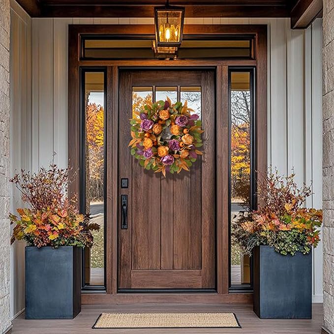 24 Inch Fall Wreath for Front Door - Autumn Wreath with Peony, Maple Leaves, Berries - Farmhouse Thanksgiving Halloween Decor for Porch, Front Door, Indoors & Outdoors - Rustic Harvest Home Decor-CasaMuseHome