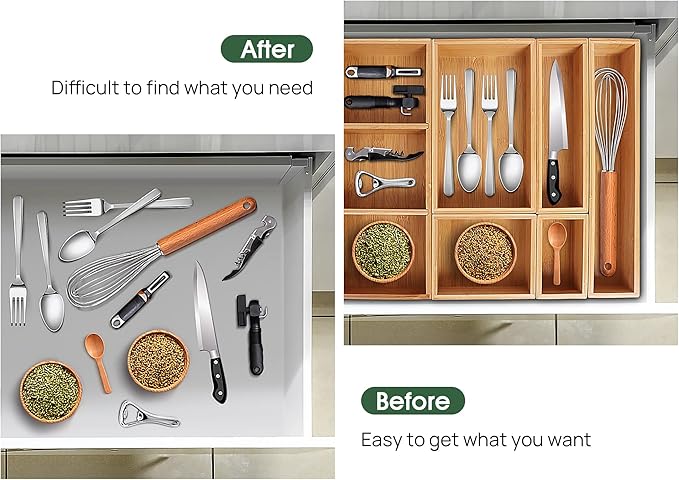 Kootek Bamboo Drawer Organizer with Removable Dividers, 6 Pcs Adjustable Kitchen Drawer Organizer Utensils Bamboo Organizers Silverware Storage Box Cutlery Tray Multi-Use for Bathroom, Makeup, Office-CasaMuseHome