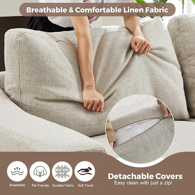 112" L Shaped Sectional Sofa with Detachable Sofa Cover, Reversible Sectional Modular Couch for Living Room, Linen Fabric Corner Couch with 7 Seats, Oatmeal-CasaMuseHome
