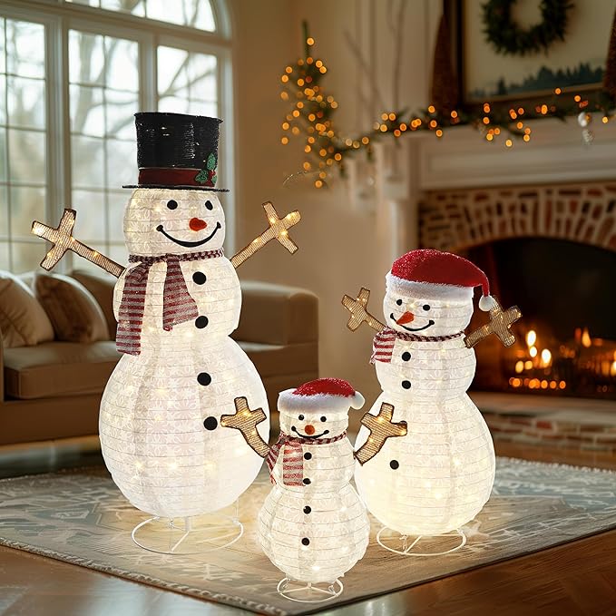 4FT Pop-Up Snowman Family, Pre-Lit Holiday Decoration Sign with 270 LED Lights, Customized Placement Holiday Display for Indoor, Outdoor-CasaMuseHome