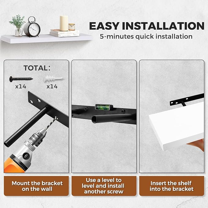 24"x6.8"x1.2" Solid Wood Floating Shelves 2-Pack - Rustic White Finish with Hidden Brackets, Perfect for Storage and Décor in Living Room, Kitchen, Bedroom-CasaMuseHome