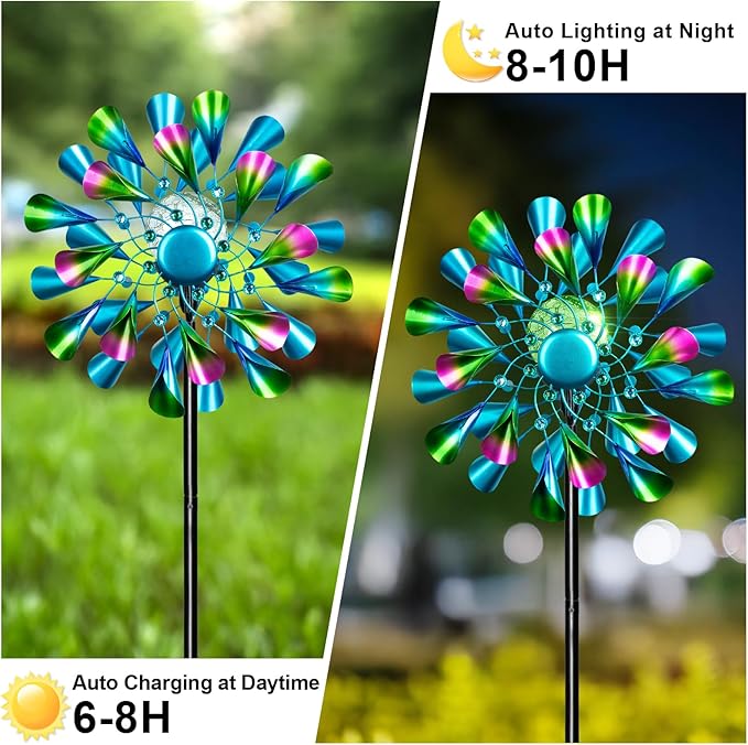 60'' Wind Spinner with Color Glass Ball Solar Lights, Green Peacock Feathers Metal Garden Outdoor Decor Yard Lawn Art Decor for Patio Kinetic Windmills Unique Gifts for Friends and Family-CasaMuseHome