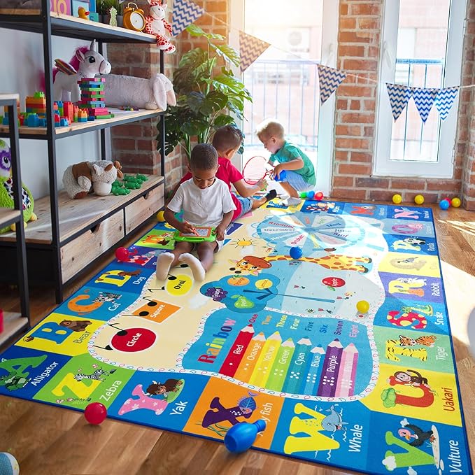 4x6 Playroom Rugs for Kids Washable, Educational and Fun Playmat with ABC Alphabet Animals Shapes Colors, Non-Slip Play Mat Learning Rugs for Baby Toddler Children Game Activity, Blue-CasaMuseHome