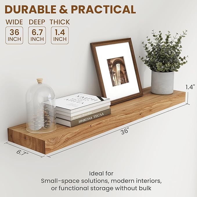 36 Inch Floating Shelves for Wall, Rustic Elm Wood Shelf for Home Decor, Heavy-Duty Wooden Floating Shelves for Kitchen, Wall Mounted Storage Shelves for Bathtoom, Living Room, Natural Color, Set of 2-CasaMuseHome